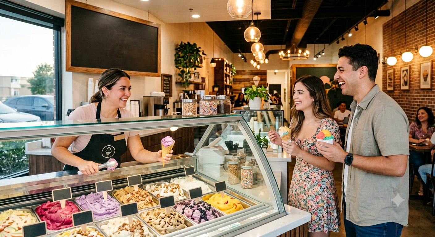 Gelato shop in Missouri City TX offering artisan gelato at Buzz Treats
